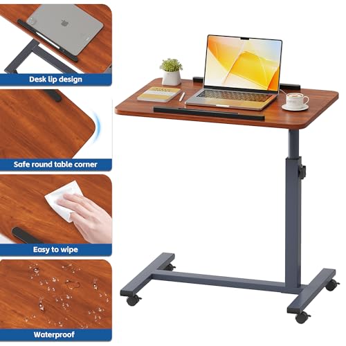 LINGMI Laptop Table Mobile Adjustable Height Portable Desk Notebook Swivel PC Computer Rolling Desk with Wheels, Laptop Stand for Couch Bedside Hospital Bed Table (Dark Walnut) (Red Walnut) - Image 5