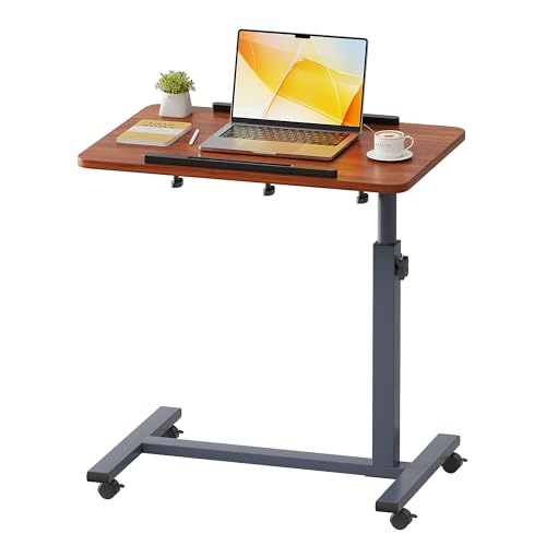 LINGMI Laptop Table Mobile Adjustable Height Portable Desk Notebook Swivel PC Computer Rolling Desk with Wheels, Laptop Stand for Couch Bedside Hospital Bed Table (Dark Walnut) (Red Walnut) - Image 1