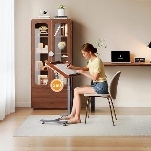 LINGMI Laptop Table Mobile Adjustable Height Portable Desk Notebook Swivel PC Computer Rolling Desk with Wheels, Laptop Stand for Couch Bedside Hospital Bed Table (Dark Walnut) (Red Walnut) - Image 2
