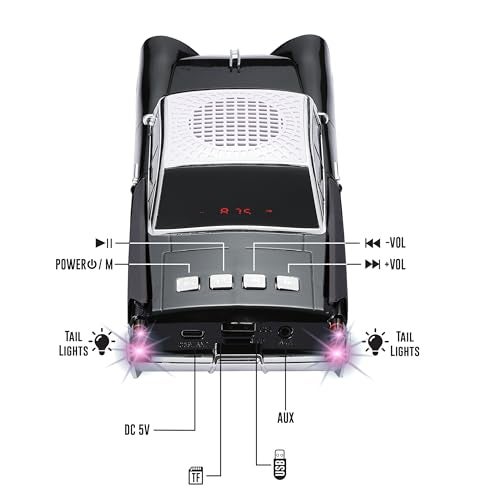 QFX Bluetooth 1959 Retro Classic Car Speaker, Dual 2-inch Speakers, Hands-Free Link, Built-in Microphone, FM Radio, and LED Party Lights, Black- BT-1959-BLK - Image 5