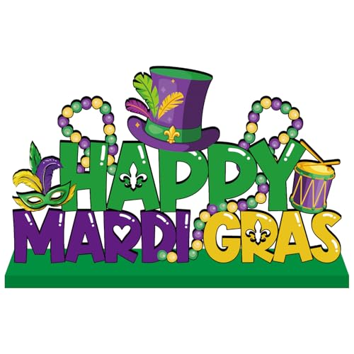 CHYAGCLT Mardi Gras Decorations Wooden Table Centerpieces 118x7 Inches Happy Mardi Gras Table Decorations Carnival Tiered Tray Decor for Masquerade Party Decor - Image 1
