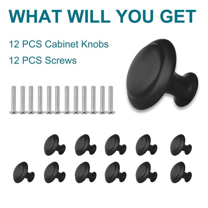 Zonbang 12Pcs Cabinet Dresser Drawer Knobs Black Kitchen Cabinet Knobs 1.2"" Knobs For Cabinets And Drawers Dresser Modern Draw Pulls And Knobs - Image 2