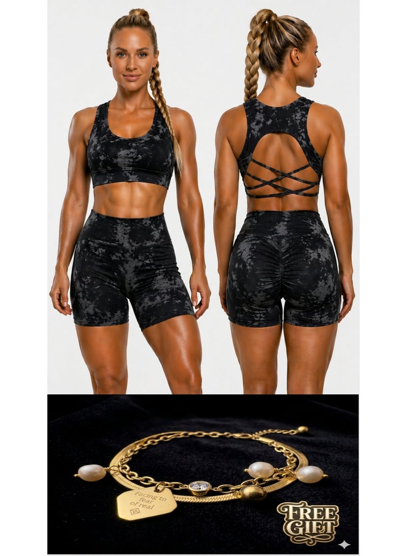 Free Gift Included Women's 2-Piece Tie-Dye Sports Bra and Shorts Set – High-Waist Scrunch - Image 1