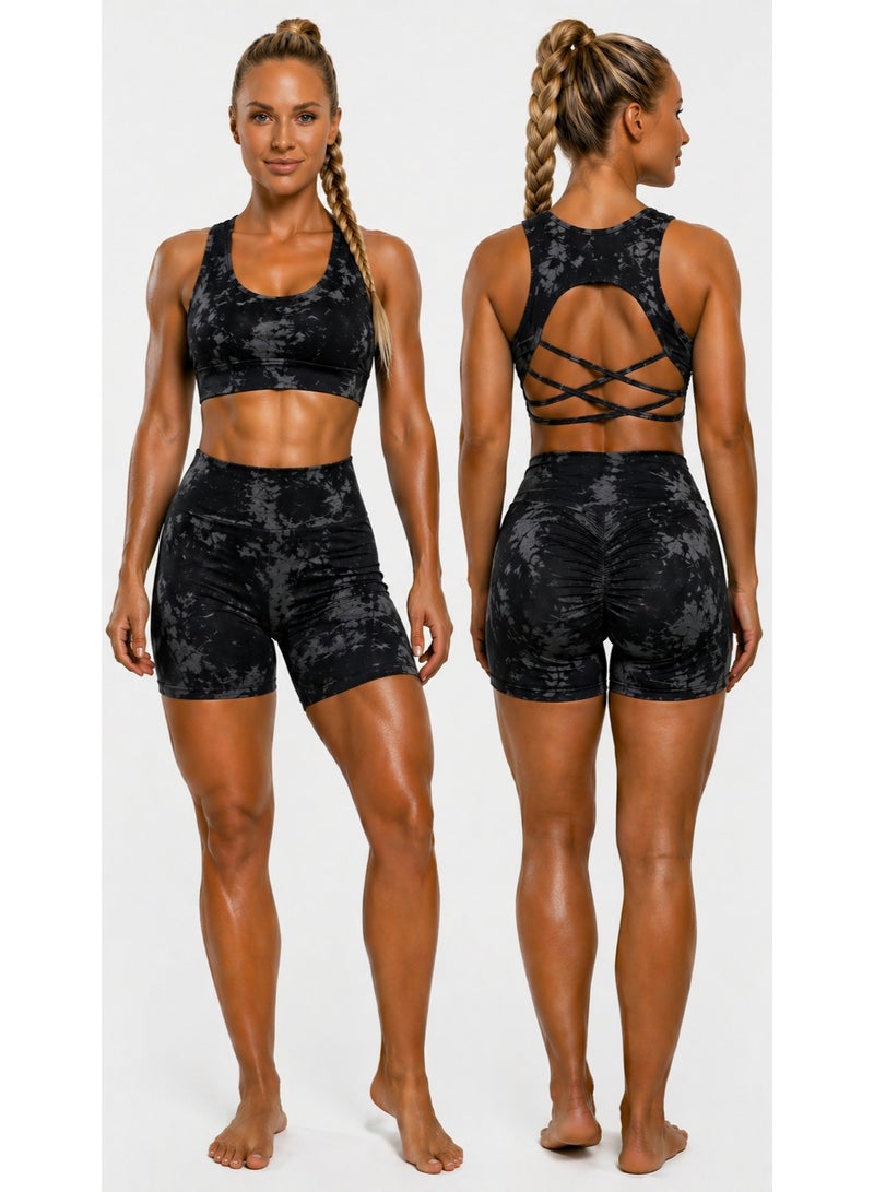 Free Gift Included Women's 2-Piece Tie-Dye Sports Bra and Shorts Set – High-Waist Scrunch - Image 2