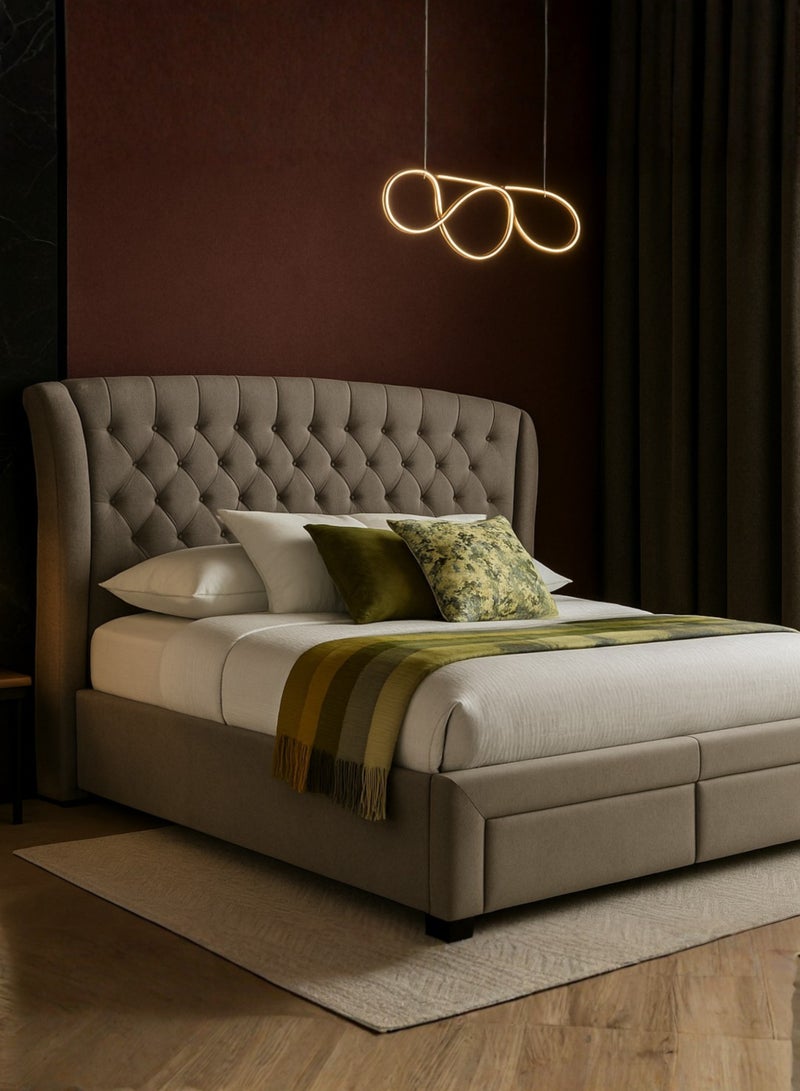 KustomDeco Luxury Velvet Upholstered Bed Frame with Wingback Tufted Headboard & Storage Drawers | Modern Queen Size Bed, Taupe Beige, Elegant Design & Wooden Slats - Image 3