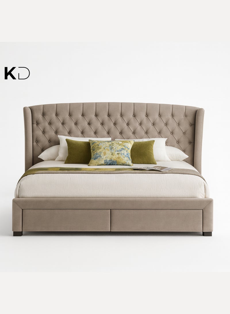 KustomDeco Luxury Velvet Upholstered Bed Frame with Wingback Tufted Headboard & Storage Drawers | Modern Queen Size Bed, Taupe Beige, Elegant Design & Wooden Slats - Image 1
