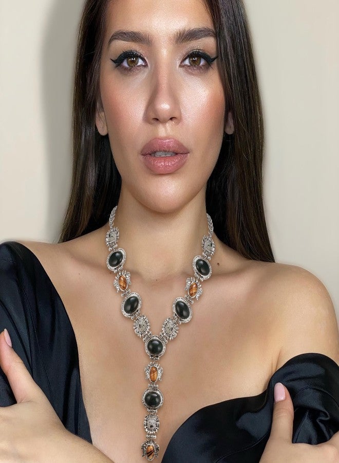 Flyonce قلادة على شكل Y بتصميم عتيق من Flyonce للنساء، قلادة تشوكر ملونة متعددة من الخرز بأسلوب بوهو، مجوهرات بوهيمية لعطلة الصيف بلون فضي أنتيك أسود - Image 3