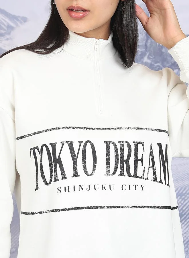 Tokyo Talkies Tokyo Talkies Text Print High Neck Oversized Sweatshirts