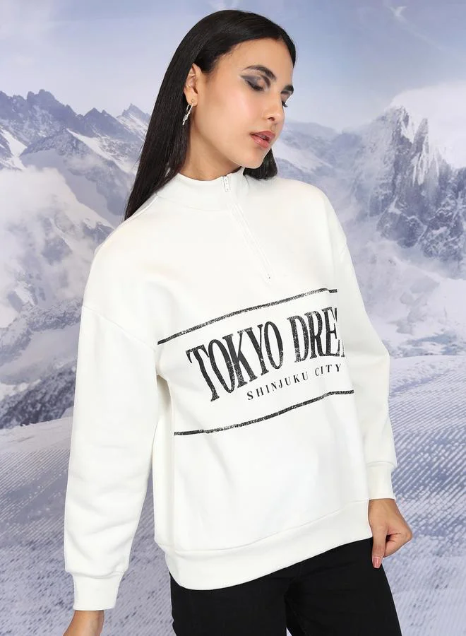 Tokyo Talkies Tokyo Talkies Text Print High Neck Oversized Sweatshirts