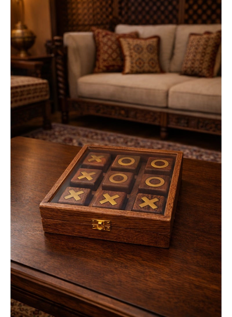 XO board game, handmade, made of wood, divided into squares, with the symbols X and O drawn on them, and characterized by its wooden base, which makes it rest on the table or on the floor. - Image 1
