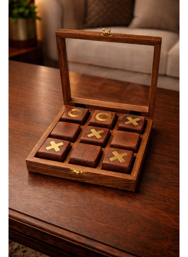 XO board game, handmade, made of wood, divided into squares, with the symbols X and O drawn on them, and characterized by its wooden base, which makes it rest on the table or on the floor. - Image 4