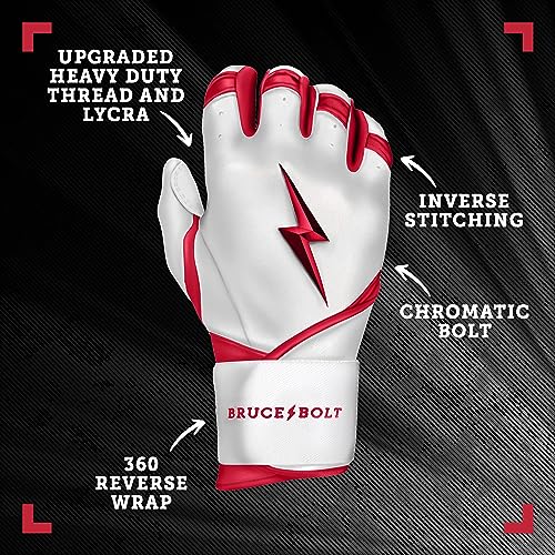 BRUCE BOLT Chrome Series Long Cuff Red Batting Glove - Red Small - Image 2
