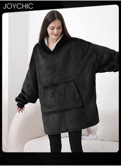 Joychic Solid Color Women Autumn and Winter Flannel Thickened Cold-proof Warm Hooded Pajamas Long-sleeved Comfortable Sleep Robe with Front Pockets Black One Size  - Image 2