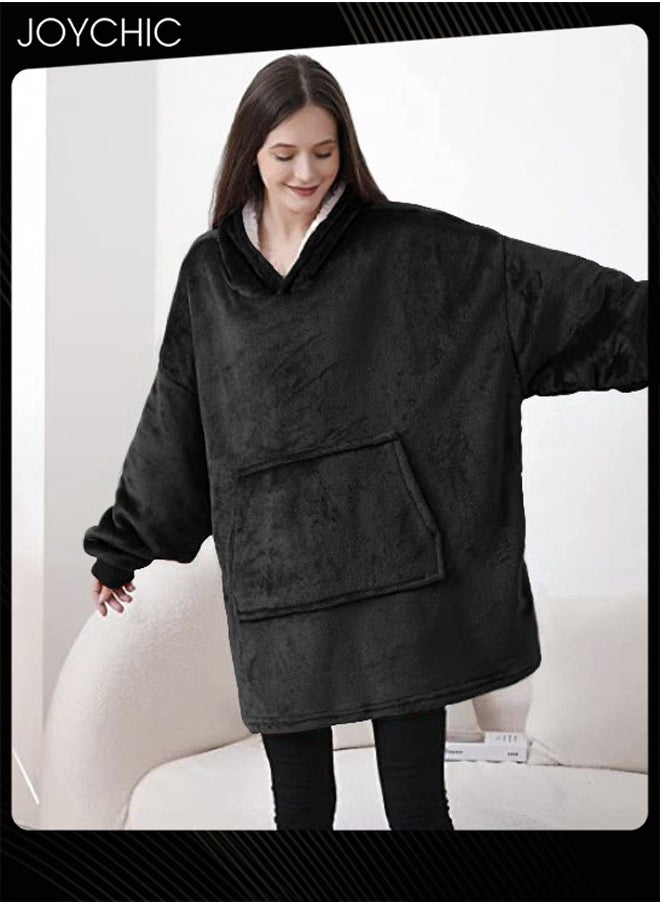 Joychic Solid Color Women Autumn and Winter Flannel Thickened Cold-proof Warm Hooded Pajamas Long-sleeved Comfortable Sleep Robe with Front Pockets Black One Size  - Image 2
