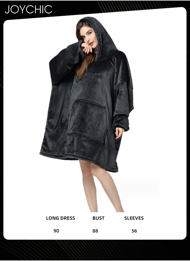 Joychic Solid Color Women Autumn and Winter Flannel Thickened Cold-proof Warm Hooded Pajamas Long-sleeved Comfortable Sleep Robe with Front Pockets Black One Size  - Image 4