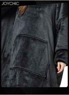 Joychic Solid Color Women Autumn and Winter Flannel Thickened Cold-proof Warm Hooded Pajamas Long-sleeved Comfortable Sleep Robe with Front Pockets Black One Size  - Image 3