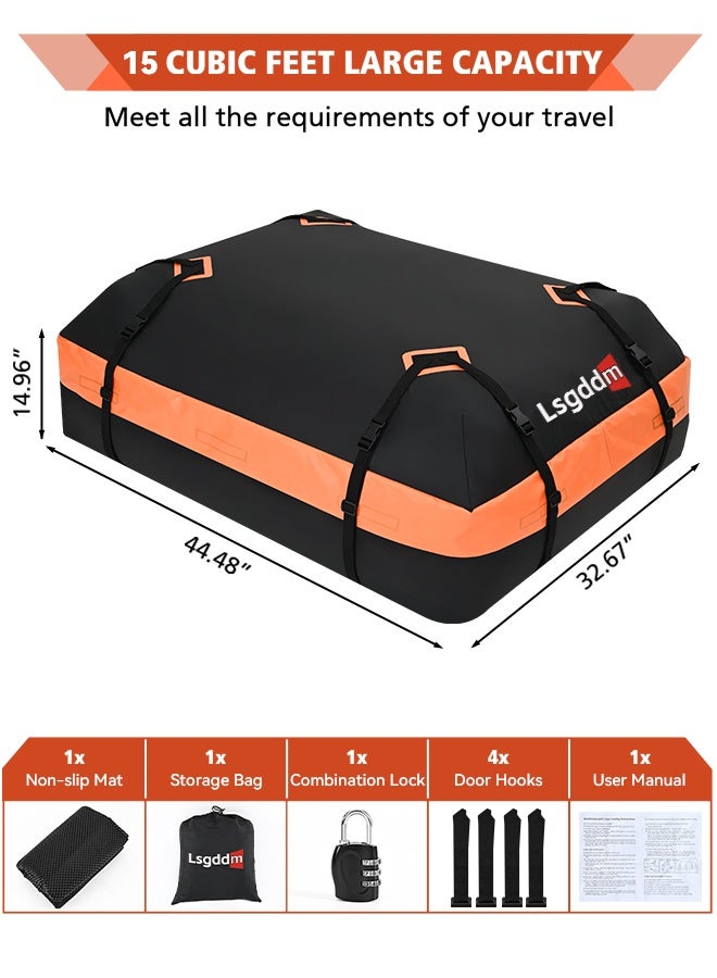 Lsgddm Lsgddm Roof Bag, Waterproof Soft Car Top Carrier Without Rack, 15 Cubic Feet Cargo Carrier for Top of All Vehicles with/Without Rack, Includes Anti-Slip Mat, 4 Door Hooks, Luggage Lock, Storage Bag - Image 3