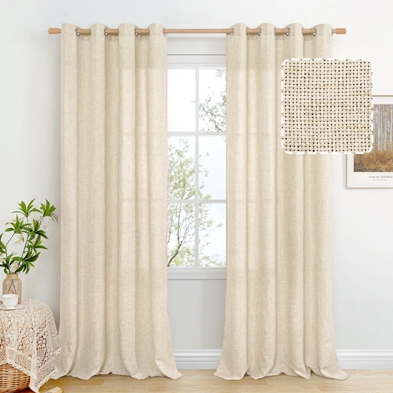 BGment Linen Curtains for Living Room 2 Panels Set  Extra Long Light Filtering Curtains Boho Burlap Farmhouse Textured Privacy Floor 108 Inch Length Window Curtains  Each Panel Drapes 52 Inch  Natural - Image 1