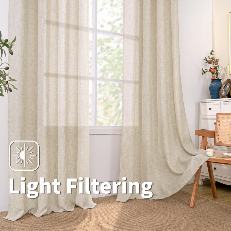 BGment Linen Curtains for Living Room 2 Panels Set  Extra Long Light Filtering Curtains Boho Burlap Farmhouse Textured Privacy Floor 108 Inch Length Window Curtains  Each Panel Drapes 52 Inch  Natural - Image 4