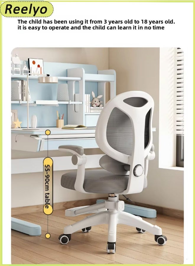 Reelyo Ergonomic Kids Desk Chair Study Office Computer Desk Chair Children Student Computer Mesh Chair Mid-Low Back Mesh Swivel Chair Soft And Breathable With Adjustable Seat Height & Sit-Locking Casters Accompanying Growth For Flip-Up Armrest, Lumbar Support, Recline & Height Adjustment (Grey) - Image 3