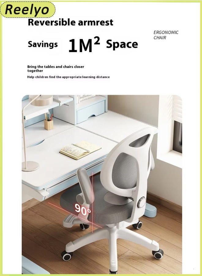 Reelyo Ergonomic Kids Desk Chair Study Office Computer Desk Chair Children Student Computer Mesh Chair Mid-Low Back Mesh Swivel Chair Soft And Breathable With Adjustable Seat Height & Sit-Locking Casters Accompanying Growth For Flip-Up Armrest, Lumbar Support, Recline & Height Adjustment (Grey) - Image 4
