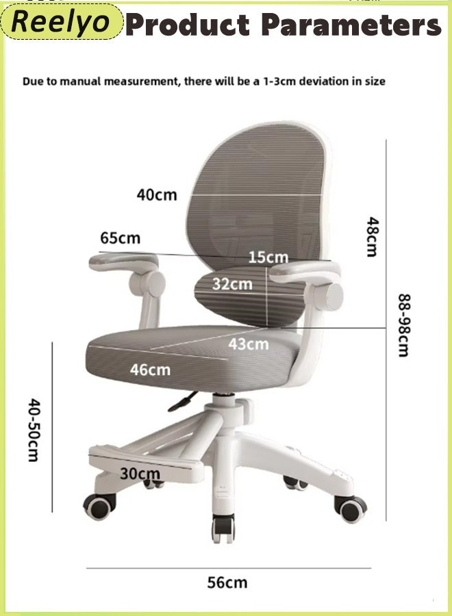 Reelyo Ergonomic Kids Desk Chair Study Office Computer Desk Chair Children Student Computer Mesh Chair Mid-Low Back Mesh Swivel Chair Soft And Breathable With Adjustable Seat Height & Sit-Locking Casters Accompanying Growth For Flip-Up Armrest, Lumbar Support, Recline & Height Adjustment (Grey) - Image 2