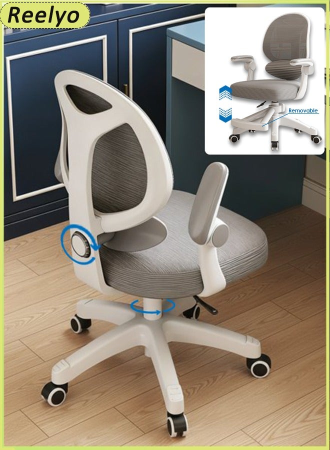 Reelyo Ergonomic Kids Desk Chair Study Office Computer Desk Chair Children Student Computer Mesh Chair Mid-Low Back Mesh Swivel Chair Soft And Breathable With Adjustable Seat Height & Sit-Locking Casters Accompanying Growth For Flip-Up Armrest, Lumbar Support, Recline & Height Adjustment (Grey) - Image 1