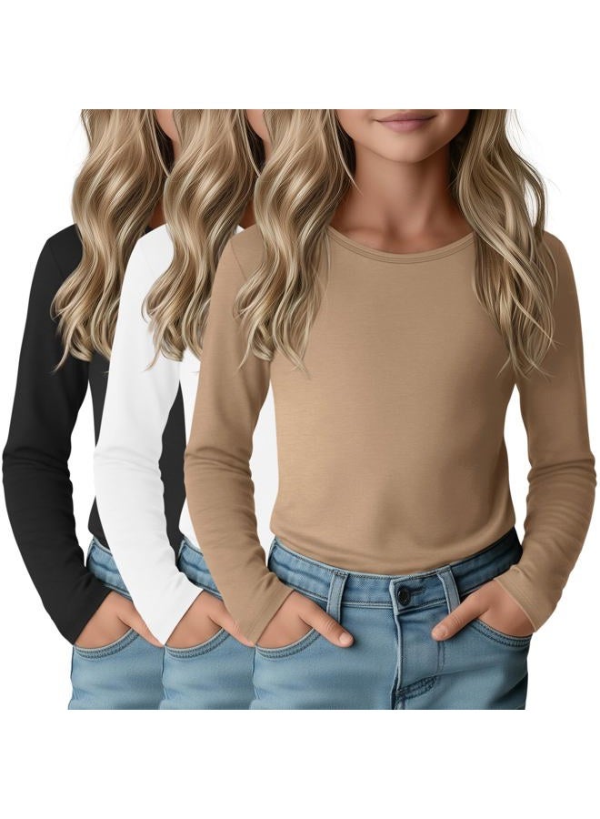 LessonZoo 3 Pack Girls Long Sleeve Shirts Casual Crewneck T-Shirts Soft Layering Basic Tees Fall Tops, Black, White, Khaki, 11-12 Years - Image 1