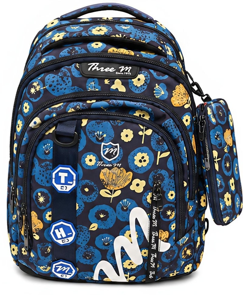 Three M School Backpack with Pencil Case and Medal Multicolor Floral 6Z - Image 1