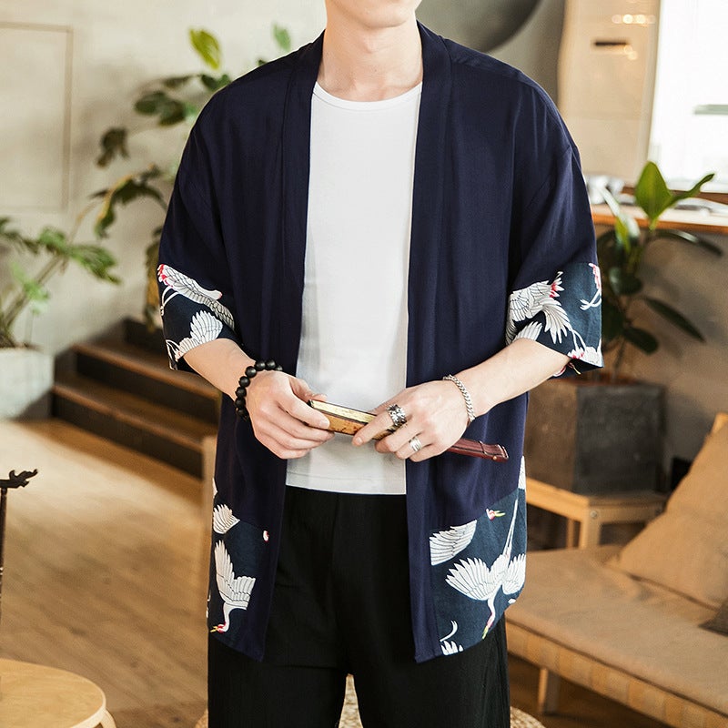 Chinese Style Robe Men'S 2019 Arrival Seven-Point Sleeve Short Trench Coat Hanfu Men'S Loose Cotton And Linen Cardigan For Men - Image 2
