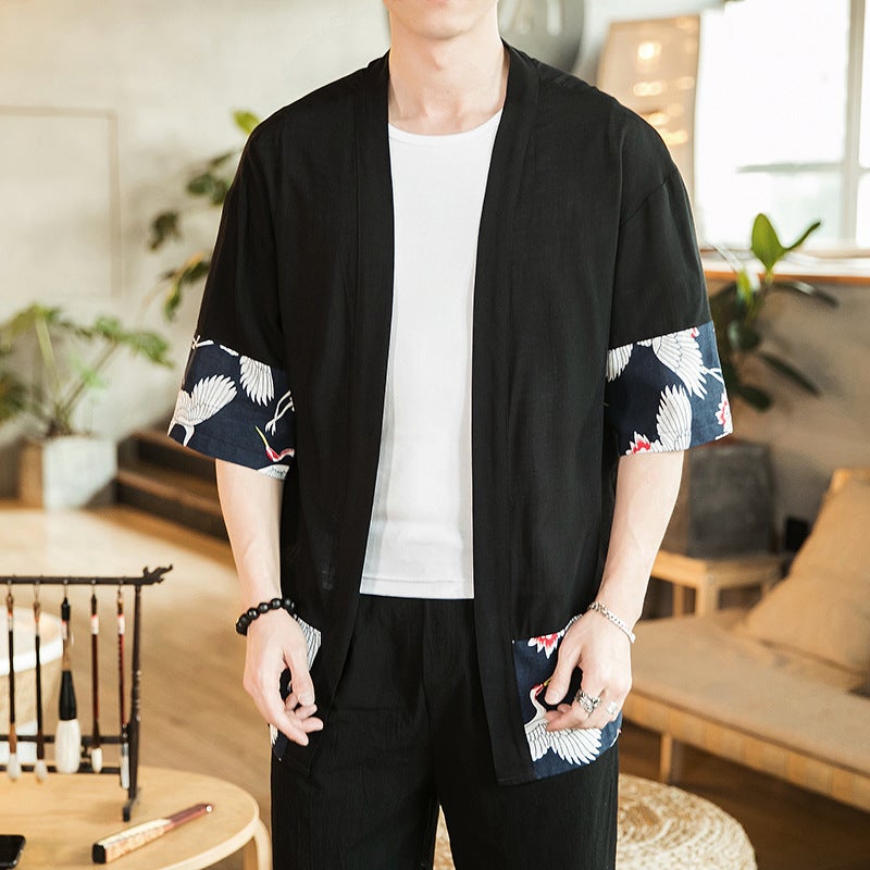 Chinese Style Robe Men'S 2019 Arrival Seven-Point Sleeve Short Trench Coat Hanfu Men'S Loose Cotton And Linen Cardigan For Men - Image 1