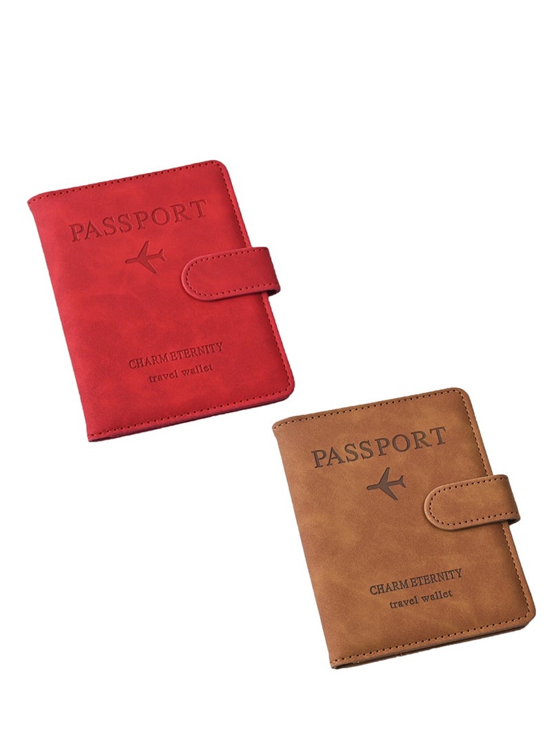 2 Pieces Red and Brown Passport Holder Protective Case, PU Leather Magnetic Buckle Passport Bag PFID Anti-Magnetic Multi-Card Passport Book Multi-Function Passport Bag, Suitable for Men and Women Travel Accessories (Red, Brown)  - Image 1