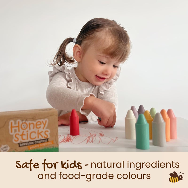 Honeysticks أقلام شمع العسل 100% شمع نحل نقي (عبوة من 12) - أقلام جومبو باستيل للأطفال الصغار - غير سامة، آمنة للطعام، مصنوعة بشكل مستدام في نيوزيلندا - حجم كبير هو - Image 2