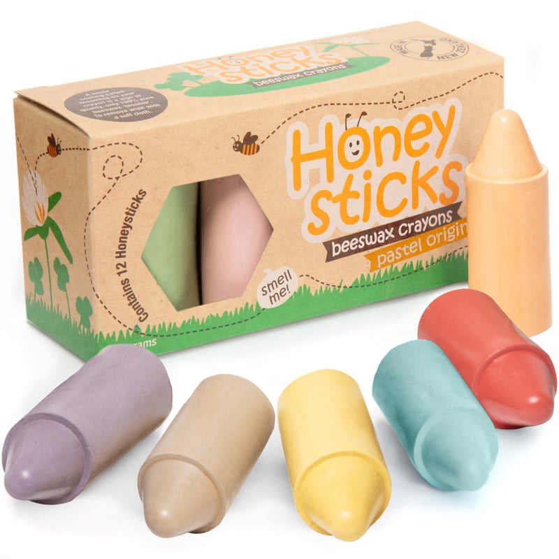 Honeysticks أقلام شمع العسل 100% شمع نحل نقي (عبوة من 12) - أقلام جومبو باستيل للأطفال الصغار - غير سامة، آمنة للطعام، مصنوعة بشكل مستدام في نيوزيلندا - حجم كبير هو - Image 1