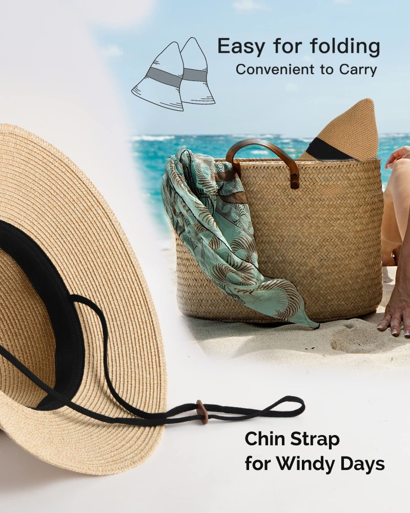 FURTALK Womens Beach Sun Straw Hat UV UPF 80+ Travel Foldable Brim Summer UV Hat Black - Image 3