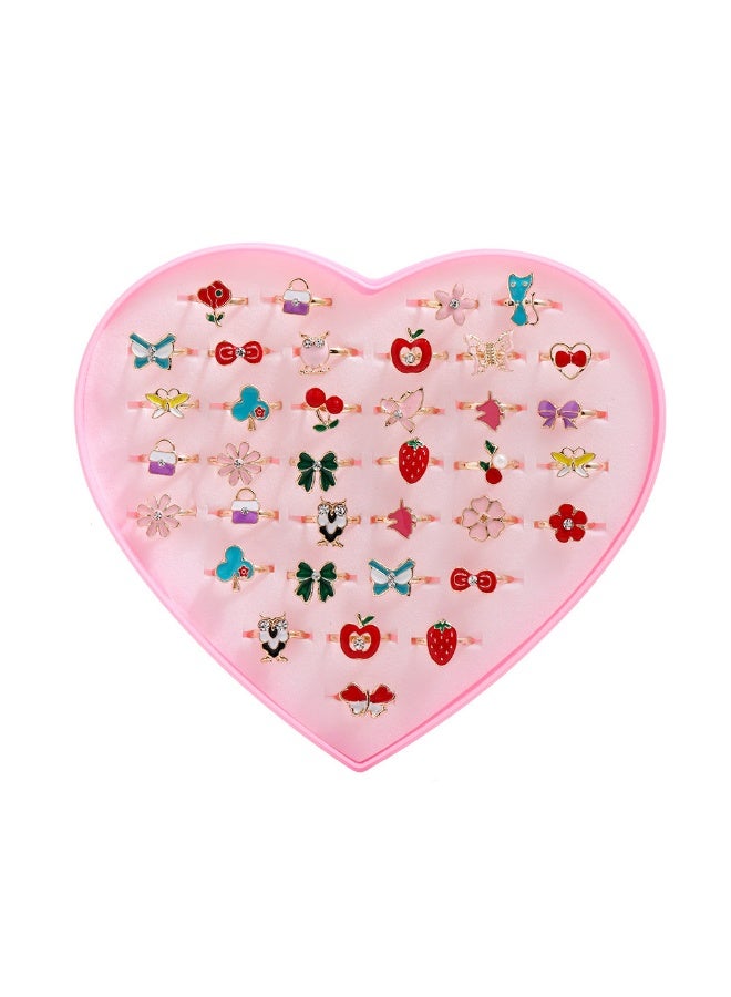36 Pcs Adjustable Rings for Girls – No Duplicates, Kids Pretend Play Dress Up Jewelry Set with Heart Shape Display Case - Image 1
