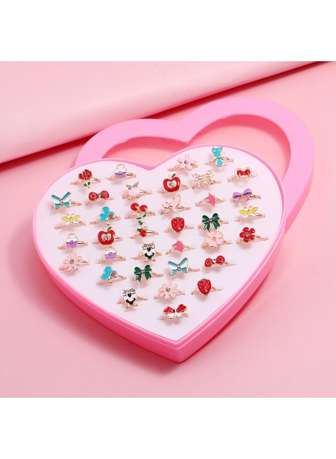 36 Pcs Adjustable Rings for Girls – No Duplicates, Kids Pretend Play Dress Up Jewelry Set with Heart Shape Display Case - Image 3