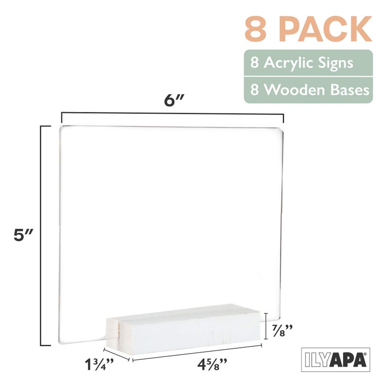 Ilyapa Acrylic Sign Holders with White Wood Stands, 8 Pack - Small 5x6 Inch Blank Table Numbers Set for Wedding - Image 2