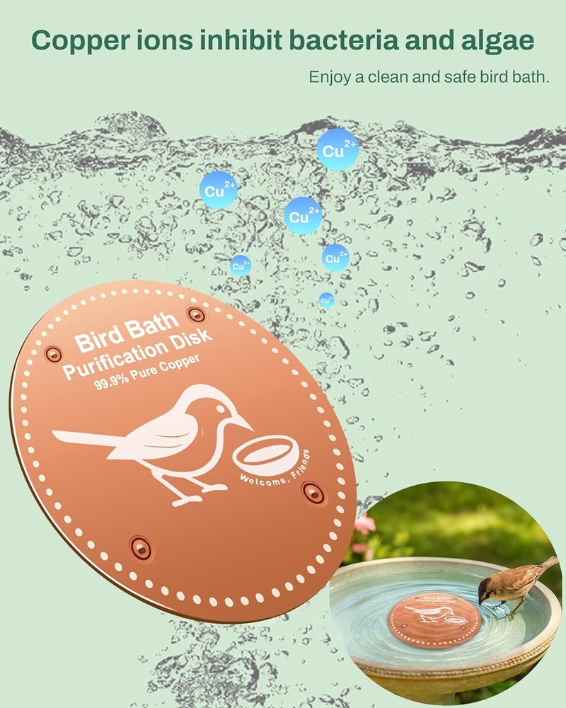 OICEME Bird Bath Purification Disk Pure Copper Outside Winter Solar Power Birdbath Heater Deicer Cage Hanging Bowl Metal Warmer Deck Railing Glass Concrete Ceramic Stone Stand Outdoor Water Fountain Station - Image 2