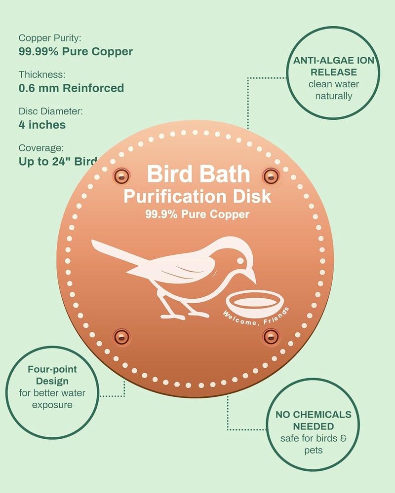 OICEME Bird Bath Purification Disk Pure Copper Outside Winter Solar Power Birdbath Heater Deicer Cage Hanging Bowl Metal Warmer Deck Railing Glass Concrete Ceramic Stone Stand Outdoor Water Fountain Station - Image 5