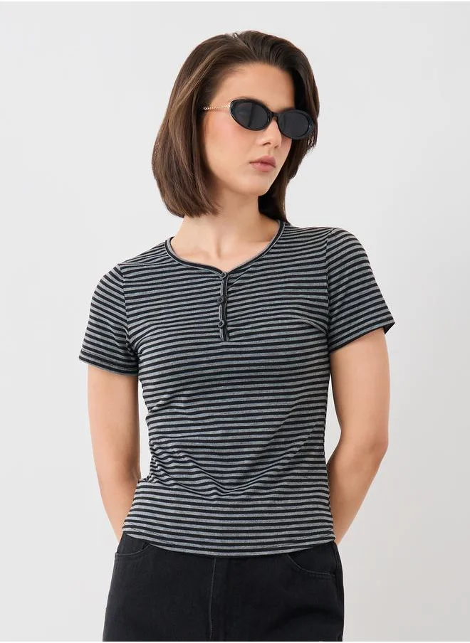 تايك تو Take Two Striped Short Sleeve Top with Button Detail