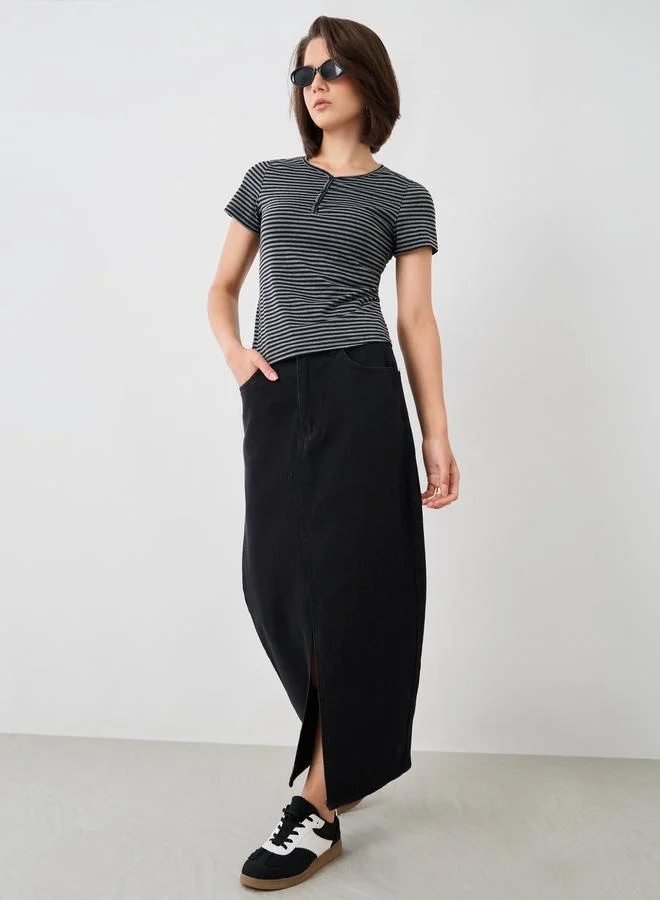 Take Two Take Two Striped Short Sleeve Top with Button Detail