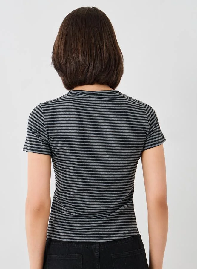 Take Two Take Two Striped Short Sleeve Top with Button Detail