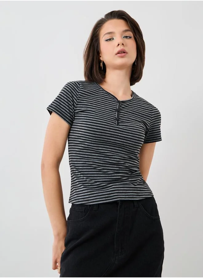 تايك تو Take Two Striped Short Sleeve Top with Button Detail