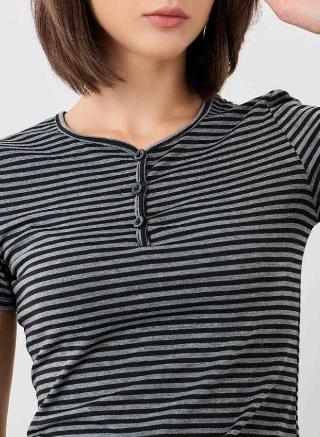 Take Two Take Two Striped Short Sleeve Top with Button Detail