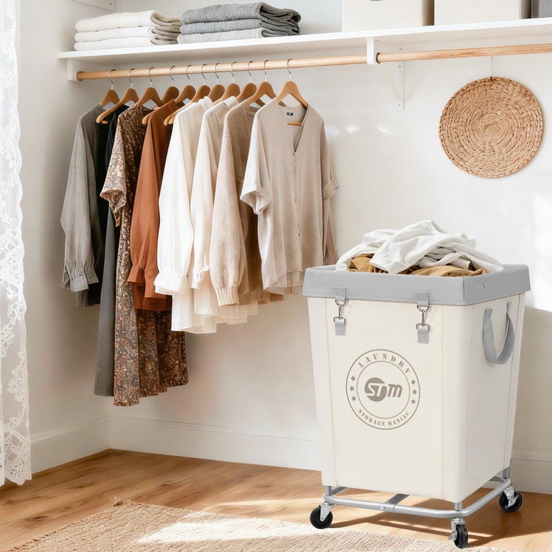 STORAGE MANIAC Commercial Laundry Hamper with Heavy Duty Steel Frame, 160 L Industrial Laundry Basket Cart with Wheels for Hotel, Home, Laundry Room, 18''L x 18''W x 31''H, Medium Beige - Image 2