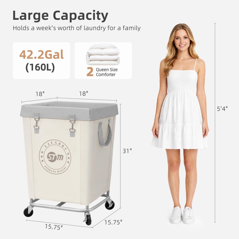 STORAGE MANIAC Commercial Laundry Hamper with Heavy Duty Steel Frame, 160 L Industrial Laundry Basket Cart with Wheels for Hotel, Home, Laundry Room, 18''L x 18''W x 31''H, Medium Beige - Image 3