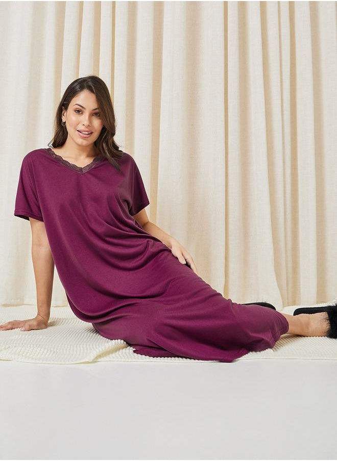 Styli Lace Trim V Neck Nightie with Slit Hem  - Image 1