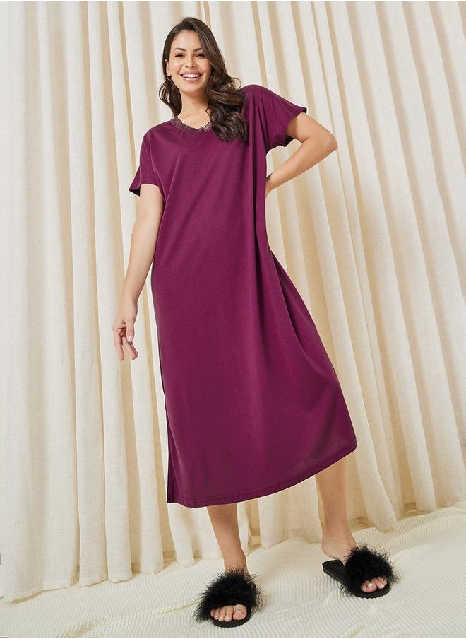 Styli Lace Trim V Neck Nightie with Slit Hem  - Image 2
