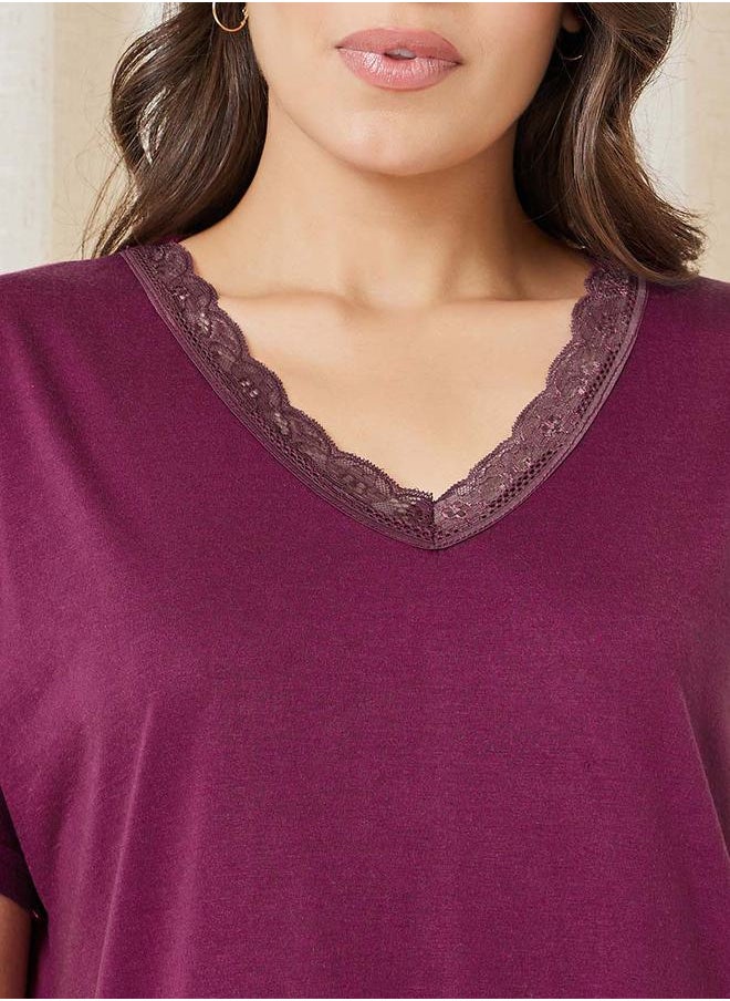 Styli Lace Trim V Neck Nightie with Slit Hem  - Image 4